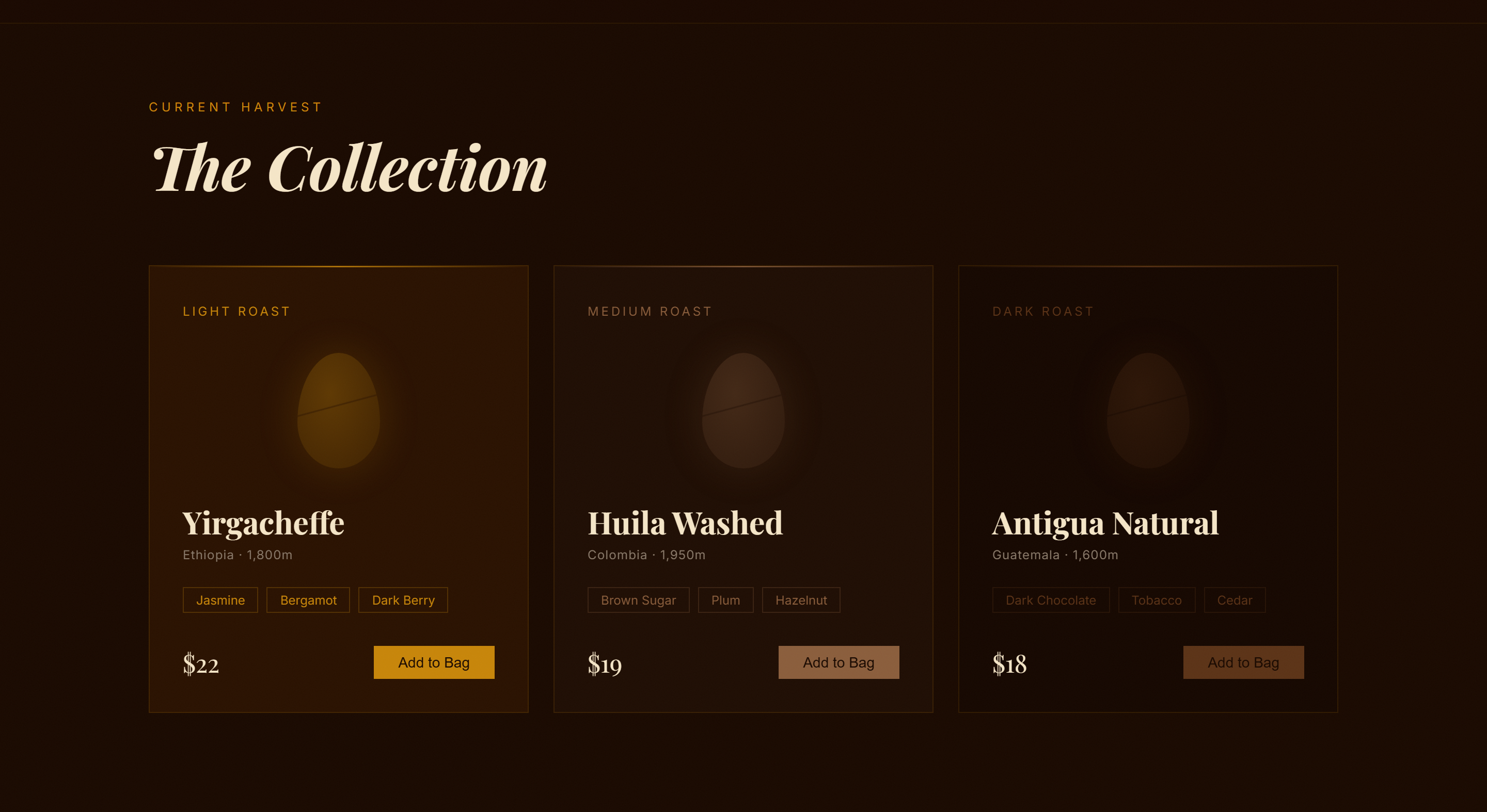 Aura Coffee product grid with tilting cards